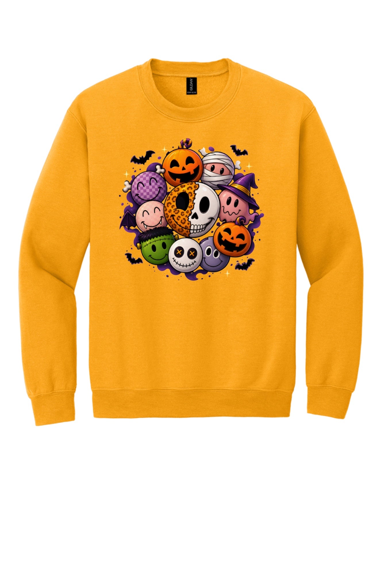 Gildan 18000 crewneck sweatshirt with Halloween kawaii smiley faces pumpkins ghost mummy Frankenstein print in Gold