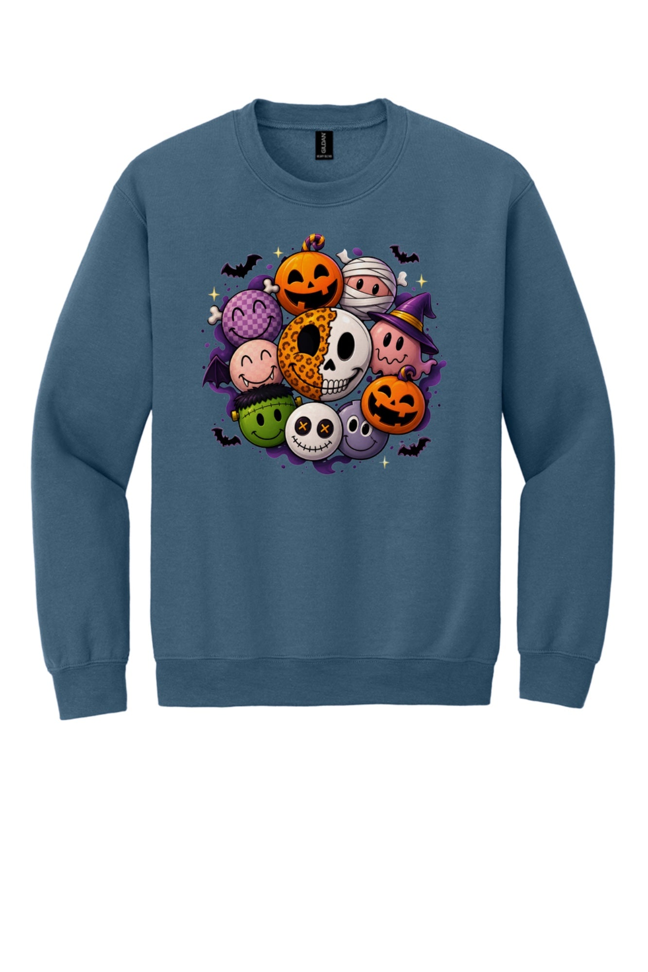 Gildan 18000 crewneck sweatshirt with Halloween kawaii smiley faces pumpkins ghost mummy Frankenstein print in Indigo Blue