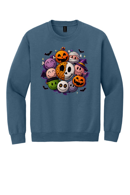 Gildan 18000 crewneck sweatshirt with Halloween kawaii smiley faces pumpkins ghost mummy Frankenstein print in Indigo Blue