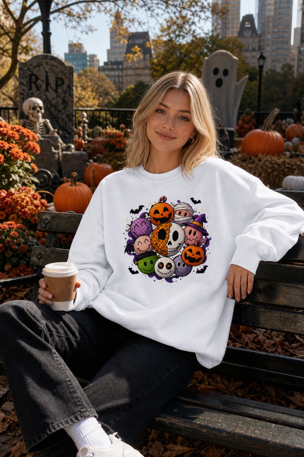 Gildan 18000 crewneck sweatshirt with Halloween kawaii smiley faces pumpkins ghost mummy Frankenstein print worn by a model