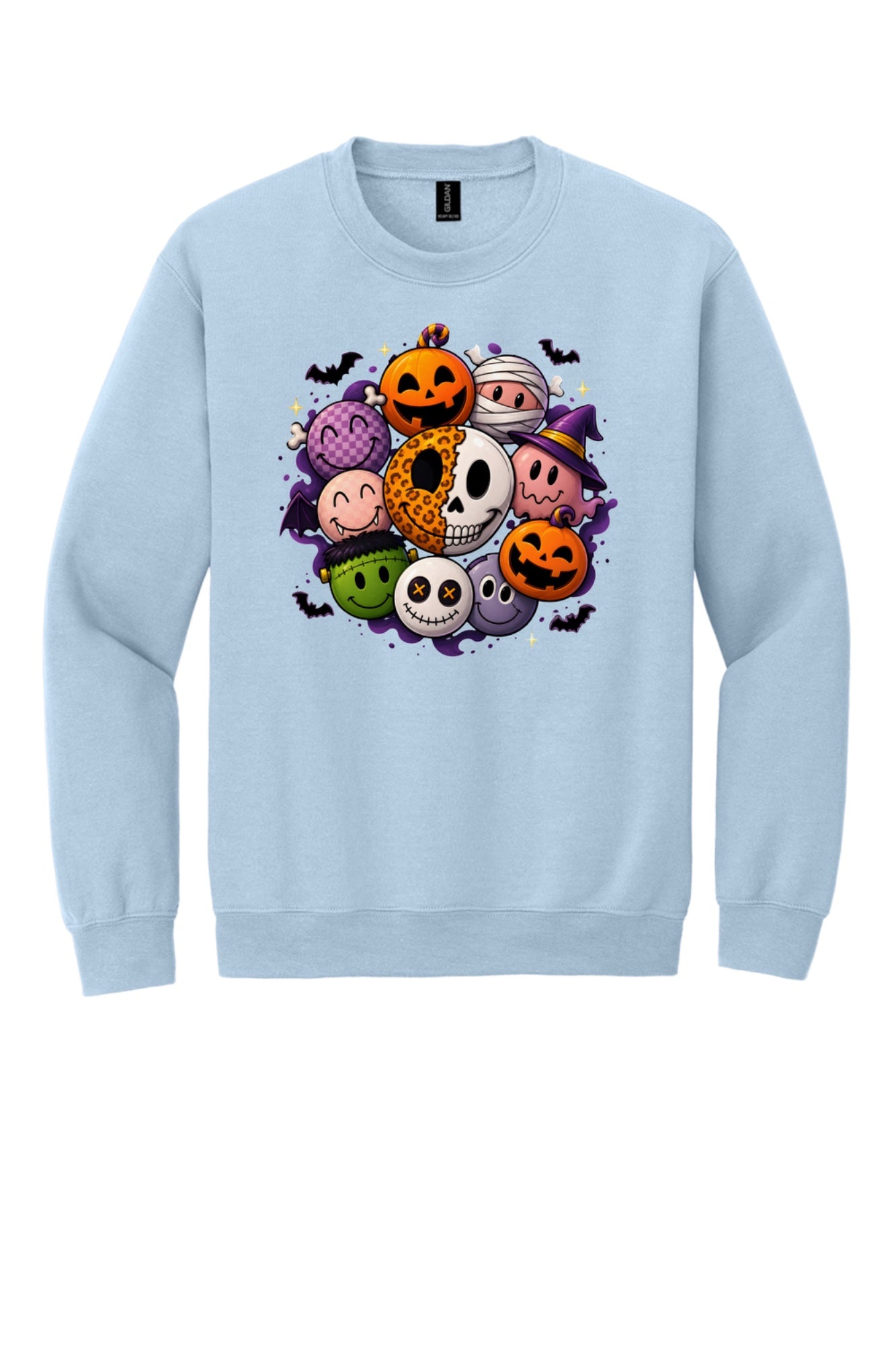 Gildan 18000 crewneck sweatshirt with Halloween kawaii smiley faces pumpkins ghost mummy Frankenstein print in Light Blue