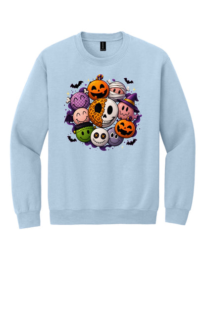 Gildan 18000 crewneck sweatshirt with Halloween kawaii smiley faces pumpkins ghost mummy Frankenstein print in Light Blue