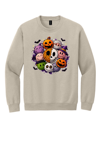 Gildan 18000 crewneck sweatshirt with Halloween kawaii smiley faces pumpkins ghost mummy Frankenstein print in Sand