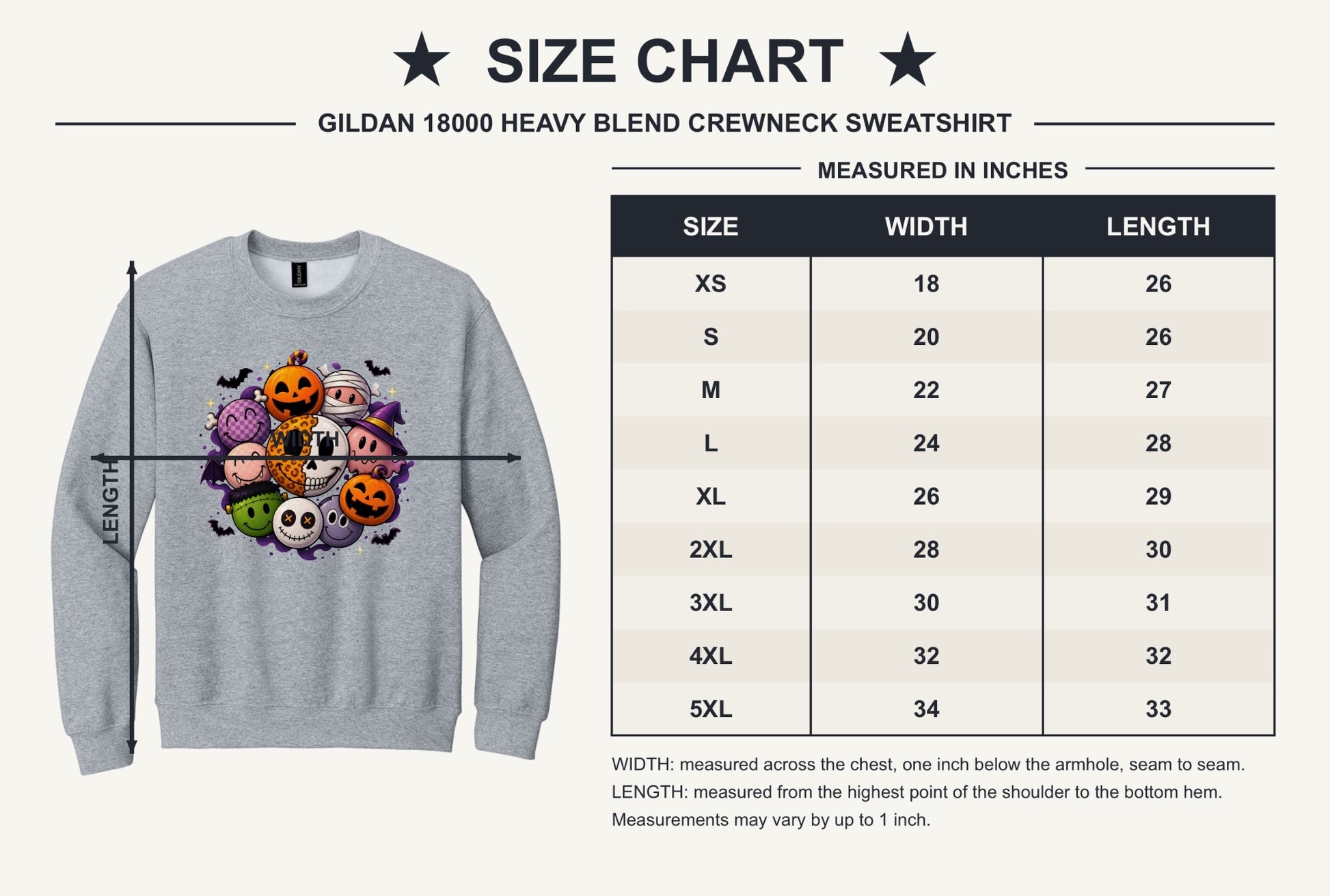 Gildan 18000 crewneck sweatshirt with Halloween kawaii smiley faces pumpkins ghost mummy Frankenstein print - size chart