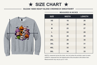 Gildan 18000 crewneck sweatshirt with Halloween kawaii smiley faces pumpkins ghost mummy Frankenstein print - size chart