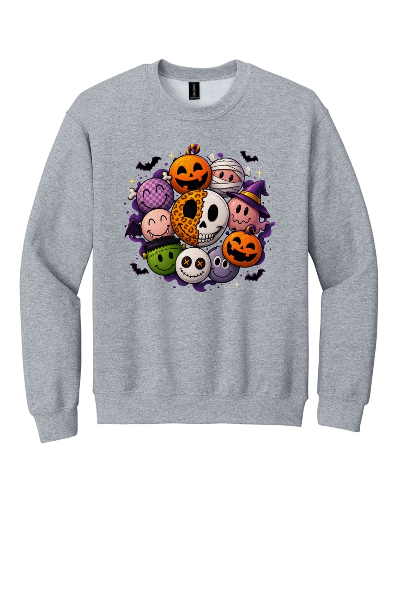 Gildan 18000 crewneck sweatshirt with Halloween kawaii smiley faces pumpkins ghost mummy Frankenstein print in Sport Grey