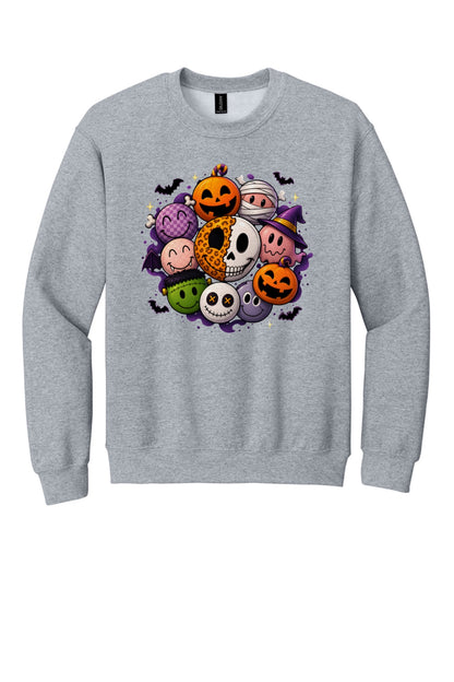 Gildan 18000 crewneck sweatshirt with Halloween kawaii smiley faces pumpkins ghost mummy Frankenstein print in Sport Grey