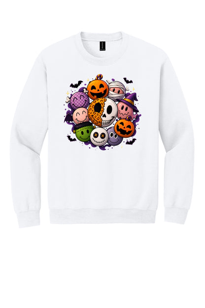 Gildan 18000 crewneck sweatshirt with Halloween kawaii smiley faces pumpkins ghost mummy Frankenstein print in White