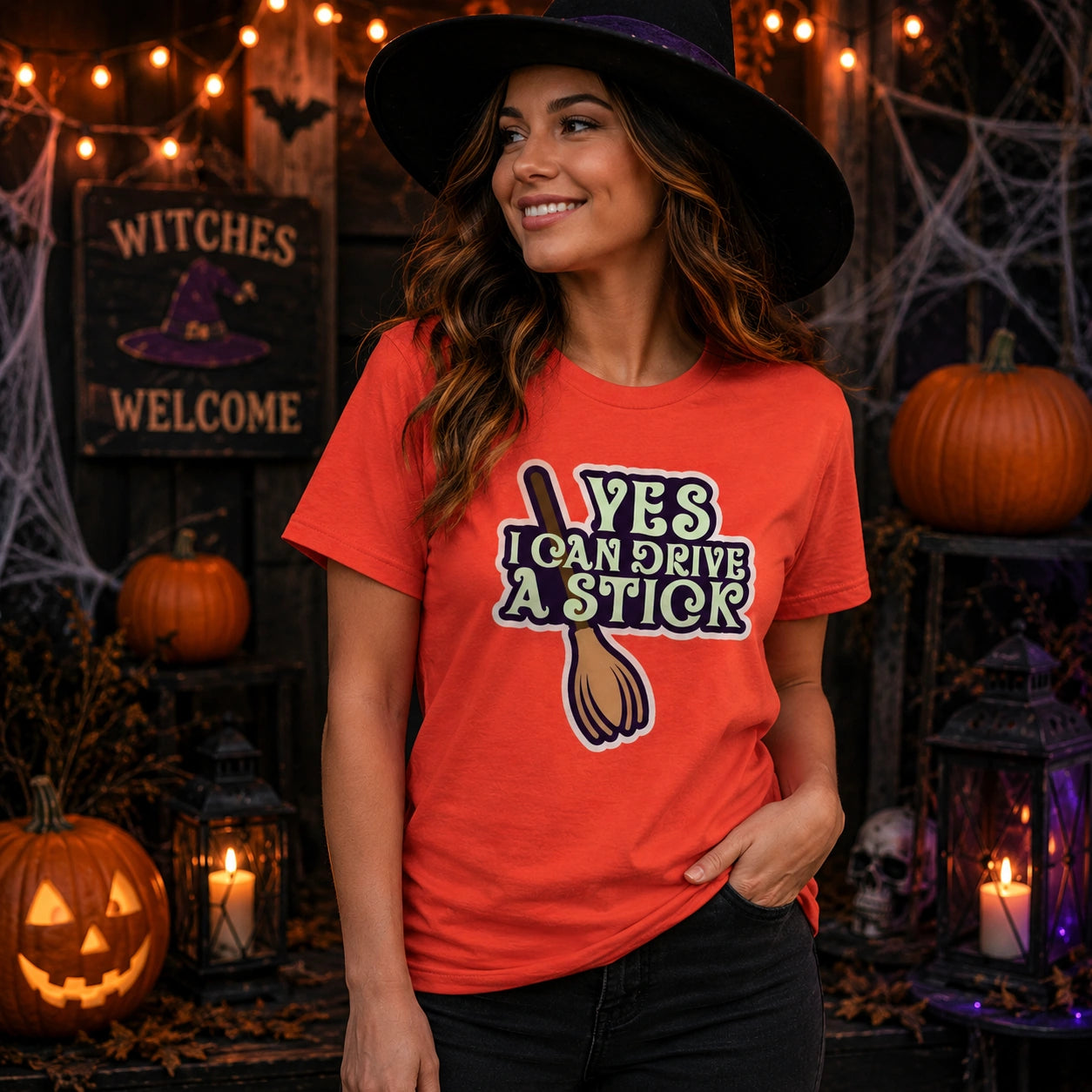 Yes I Can Drive A Stick Witch Broom Halloween Graphic Tee