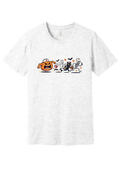Halloween nurse tee with running jack-o-lantern ghost skeleton black cat cartoon print on unisex jersey shirt in Ash