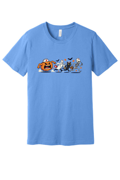 Halloween nurse tee with running jack-o-lantern ghost skeleton black cat cartoon print on unisex jersey shirt in Carolina Blue