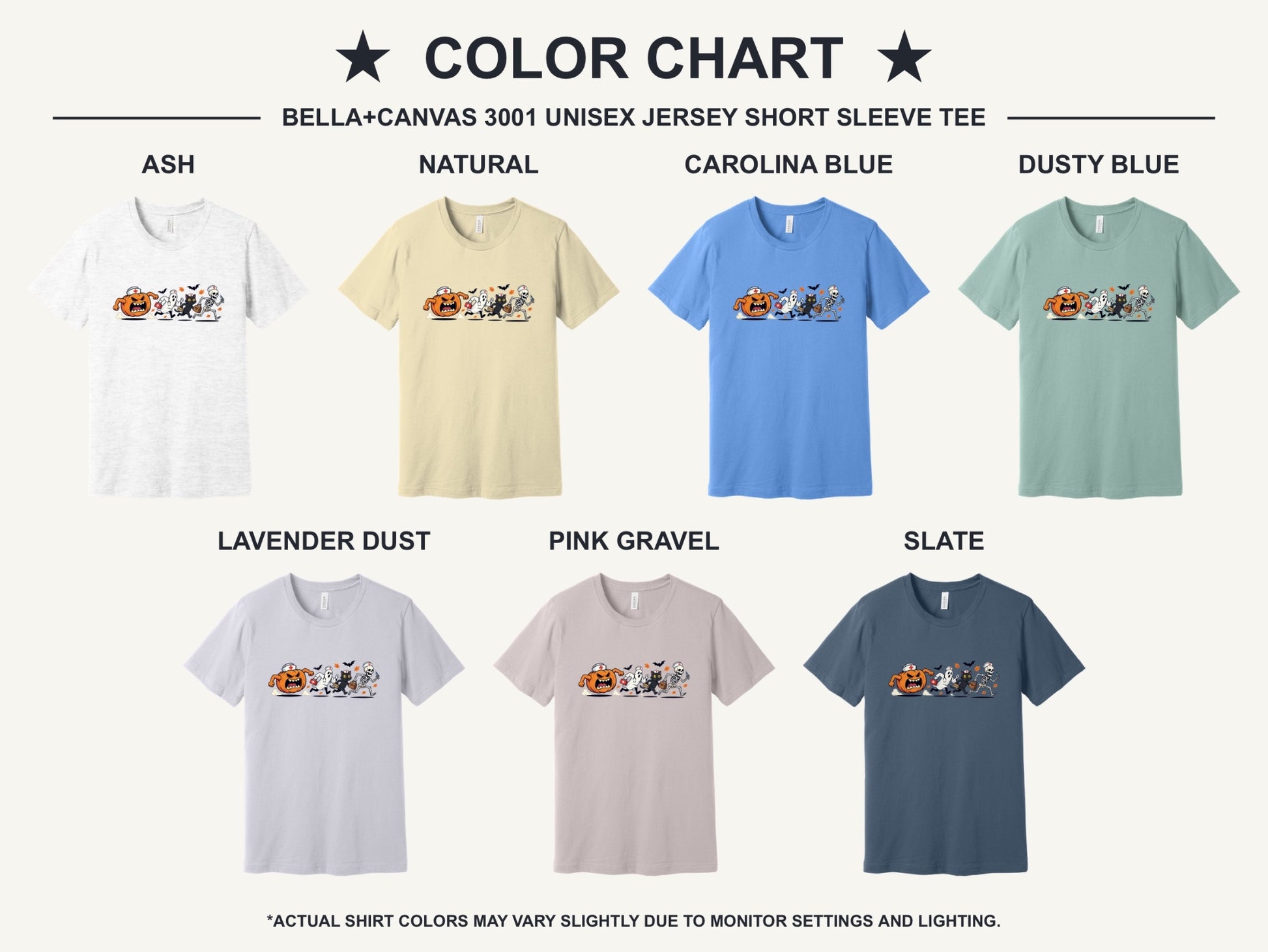 Halloween nurse tee with running jack-o-lantern ghost skeleton black cat cartoon print on unisex jersey shirt - available shirt colors chart