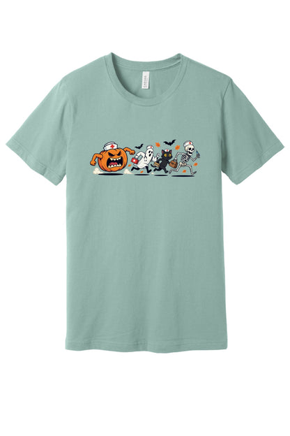 Halloween nurse tee with running jack-o-lantern ghost skeleton black cat cartoon print on unisex jersey shirt in Dusty Blue
