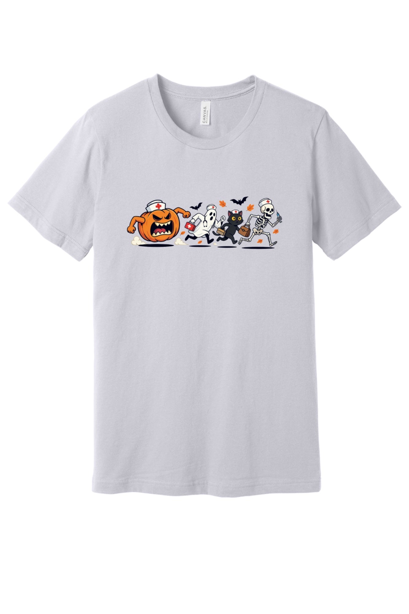 Halloween nurse tee with running jack-o-lantern ghost skeleton black cat cartoon print on unisex jersey shirt in Lavender Dust