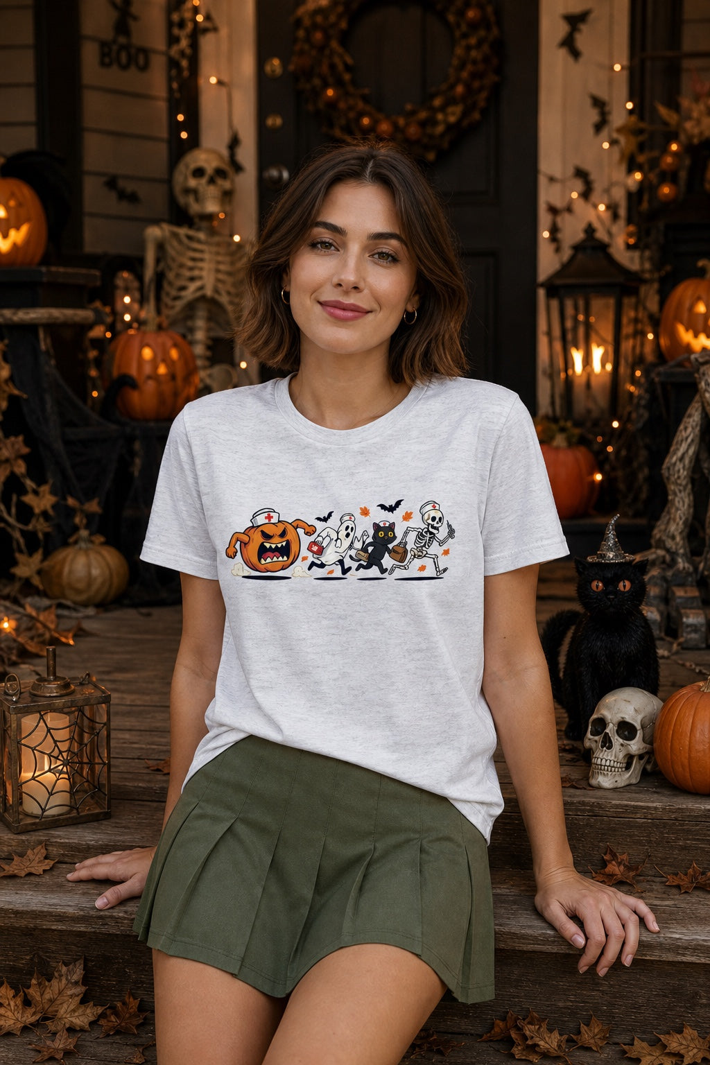 Halloween nurse tee with running jack-o-lantern ghost skeleton black cat cartoon print on unisex jersey shirt worn by a model