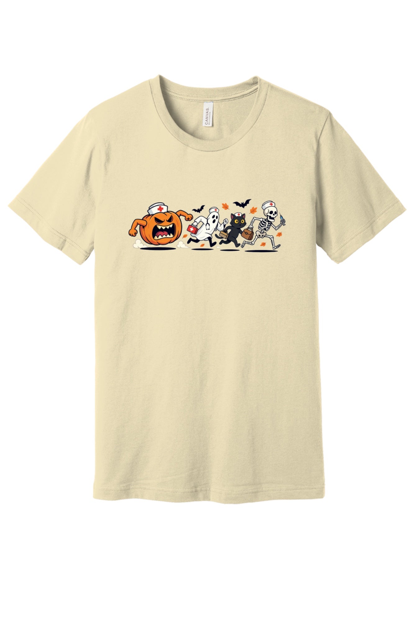 Halloween nurse tee with running jack-o-lantern ghost skeleton black cat cartoon print on unisex jersey shirt in Natural