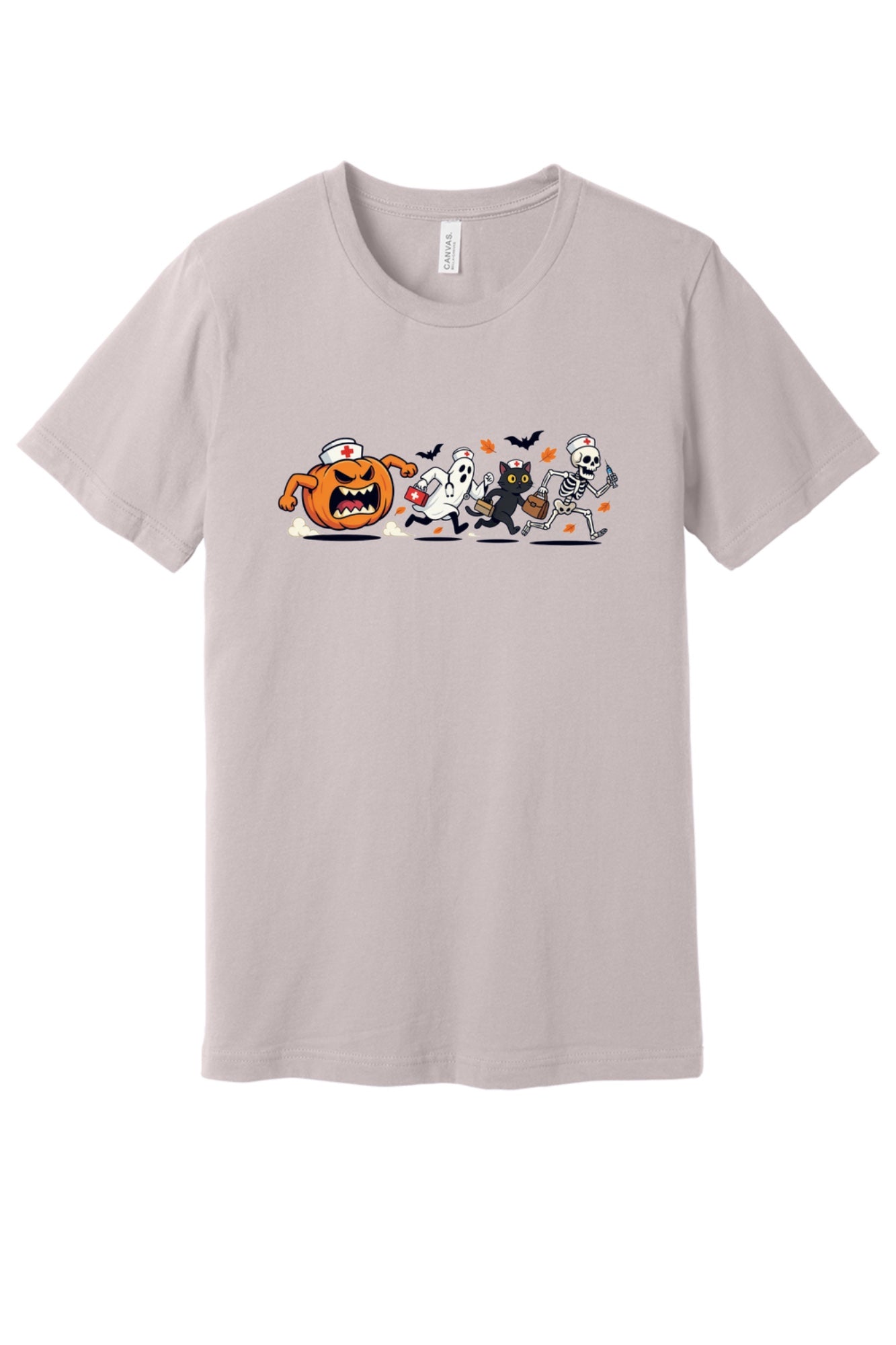 Halloween nurse tee with running jack-o-lantern ghost skeleton black cat cartoon print on unisex jersey shirt in Pink Gravel
