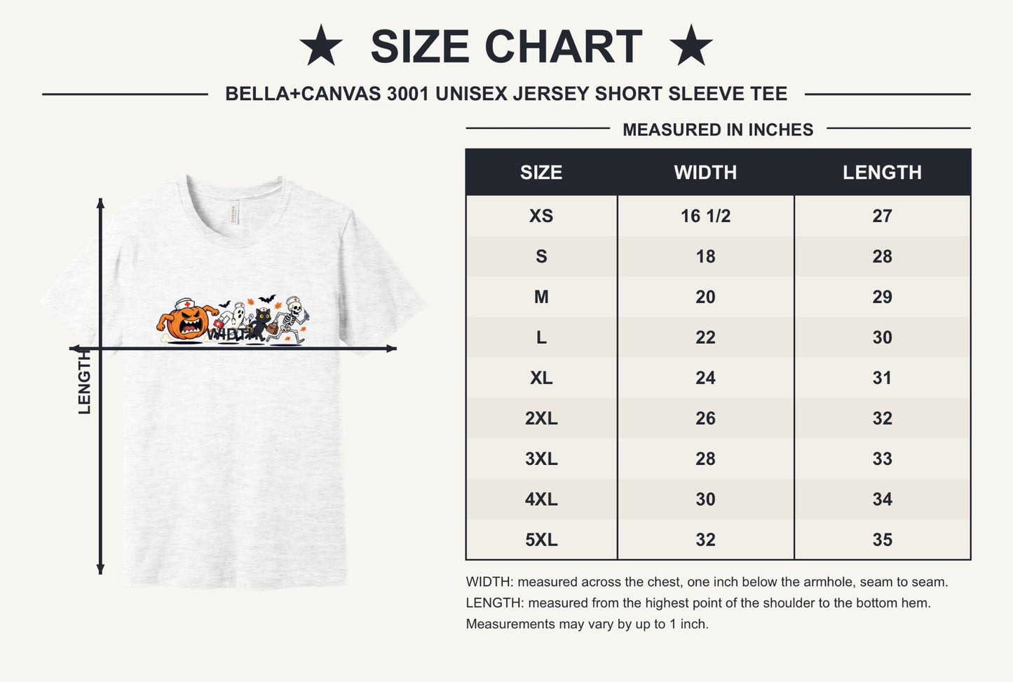 Halloween nurse tee with running jack-o-lantern ghost skeleton black cat cartoon print on unisex jersey shirt - size chart