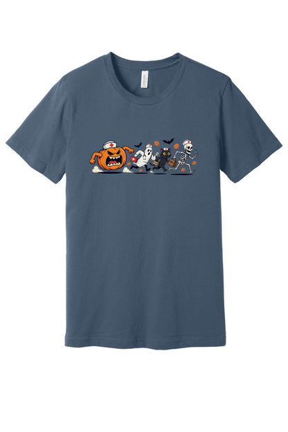Halloween nurse tee with running jack-o-lantern ghost skeleton black cat cartoon print on unisex jersey shirt in Slate