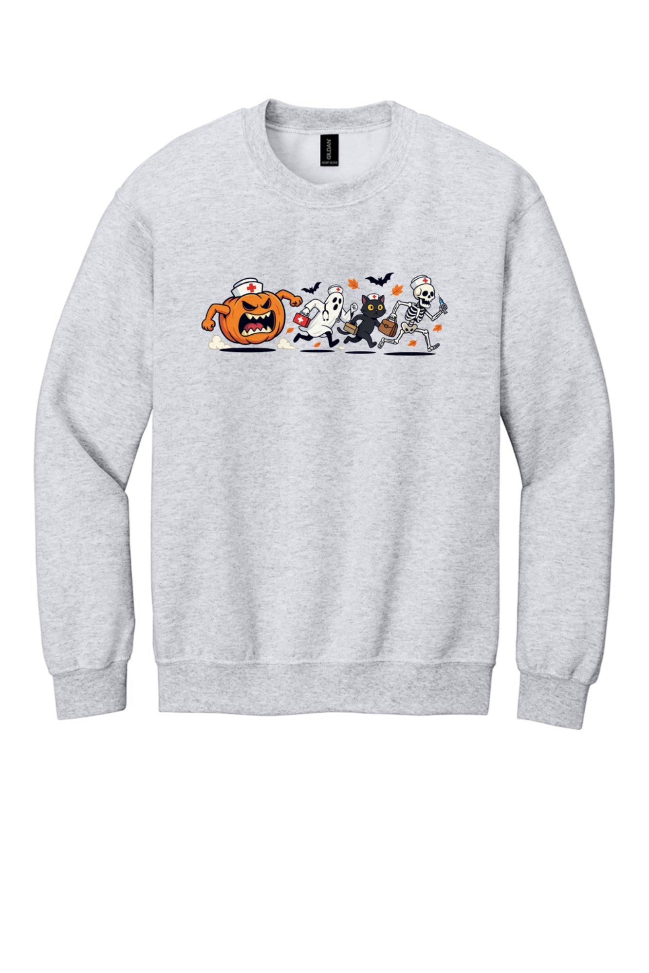 Halloween nurse sweatshirt with running pumpkin ghost skeleton and black cat cartoon print on crewneck in Ash