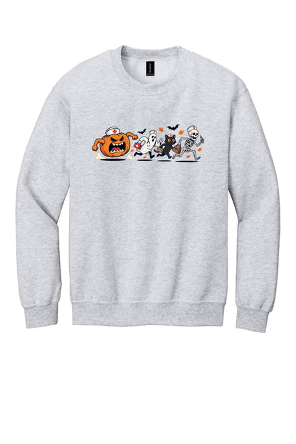 Halloween nurse sweatshirt with running pumpkin ghost skeleton and black cat cartoon print on crewneck in Ash