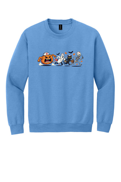 Halloween nurse sweatshirt with running pumpkin ghost skeleton and black cat cartoon print on crewneck in Carolina Blue