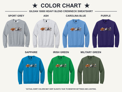 Halloween nurse sweatshirt with running pumpkin ghost skeleton and black cat cartoon print on crewneck - available shirt colors chart