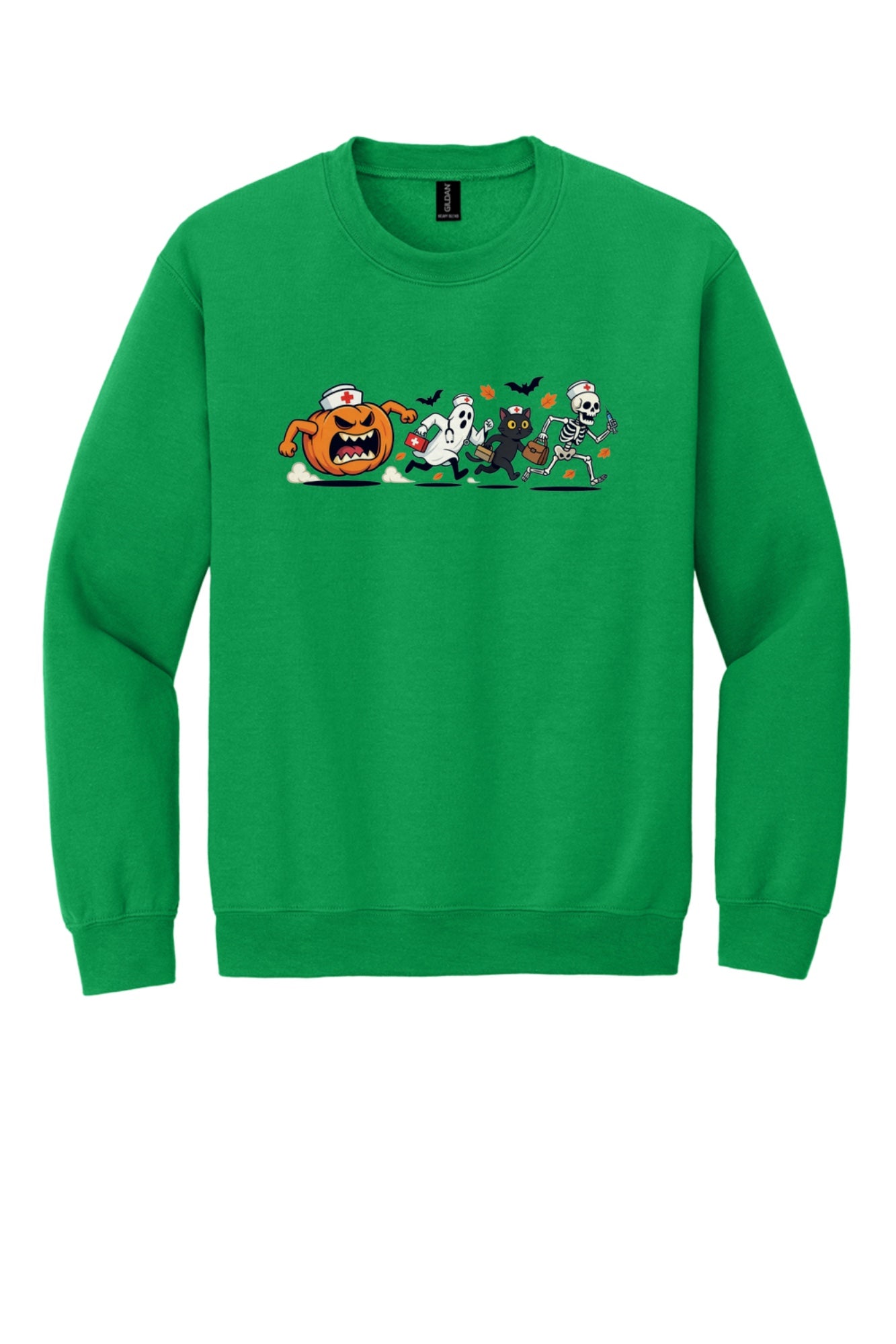 Halloween nurse sweatshirt with running pumpkin ghost skeleton and black cat cartoon print on crewneck in Irish Green
