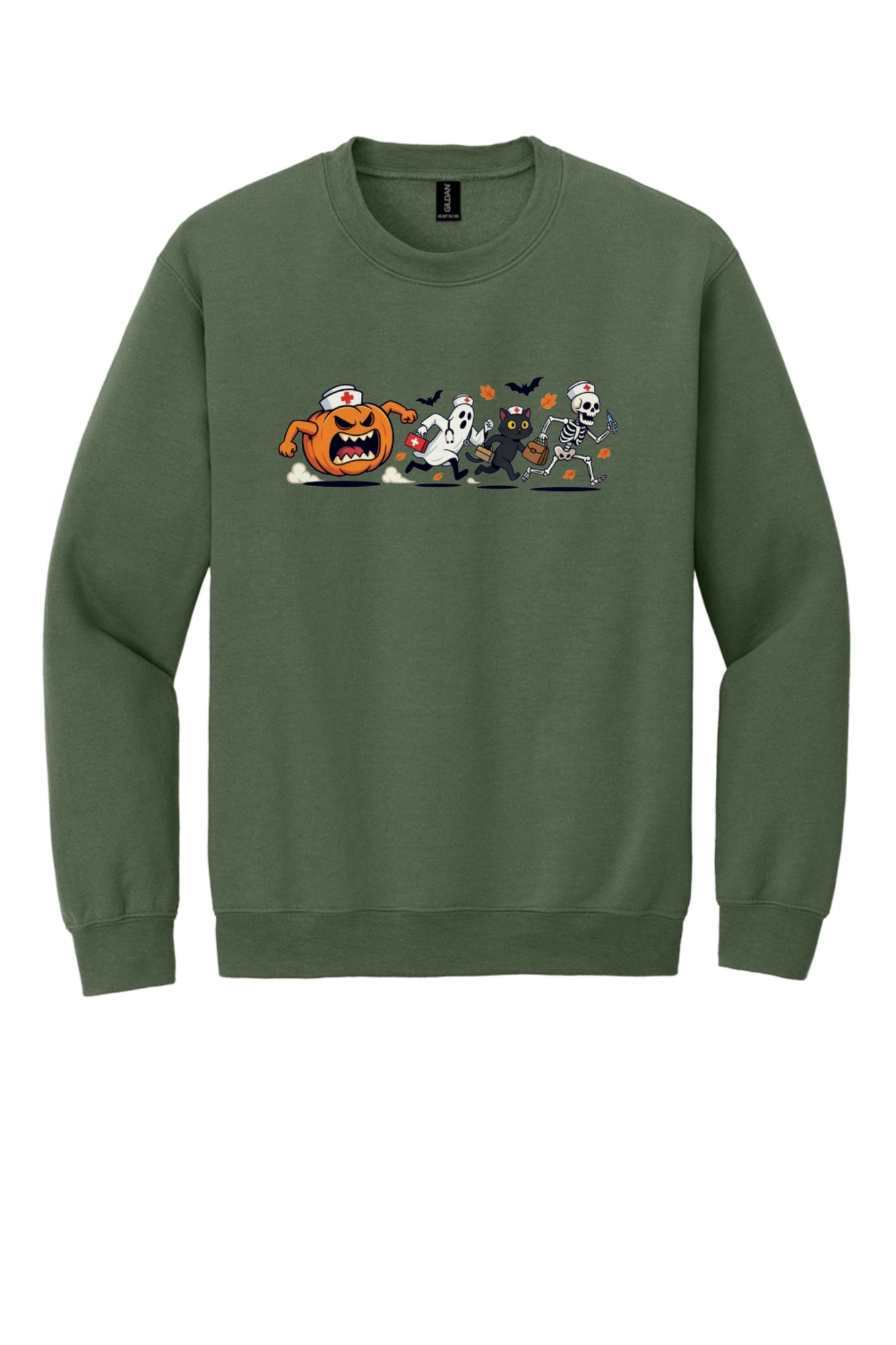 Halloween nurse sweatshirt with running pumpkin ghost skeleton and black cat cartoon print on crewneck in Military Green