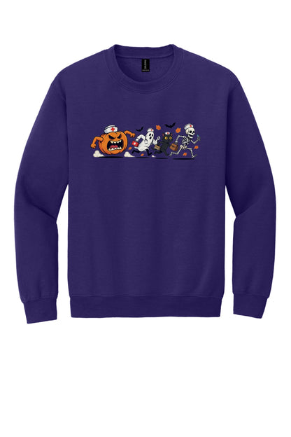 Halloween nurse sweatshirt with running pumpkin ghost skeleton and black cat cartoon print on crewneck in Purple