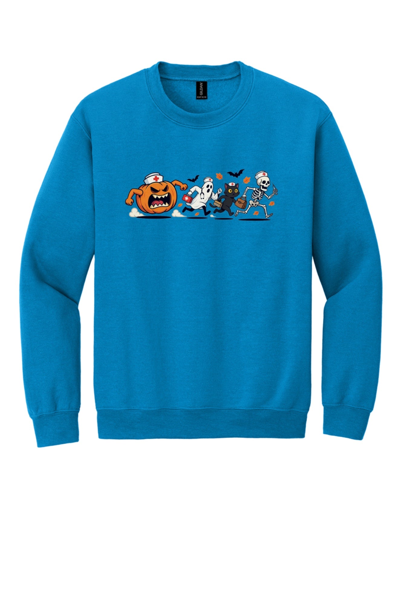 Halloween nurse sweatshirt with running pumpkin ghost skeleton and black cat cartoon print on crewneck in Sapphire