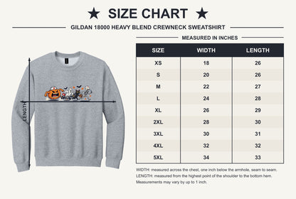 Halloween nurse sweatshirt with running pumpkin ghost skeleton and black cat cartoon print on crewneck - size chart