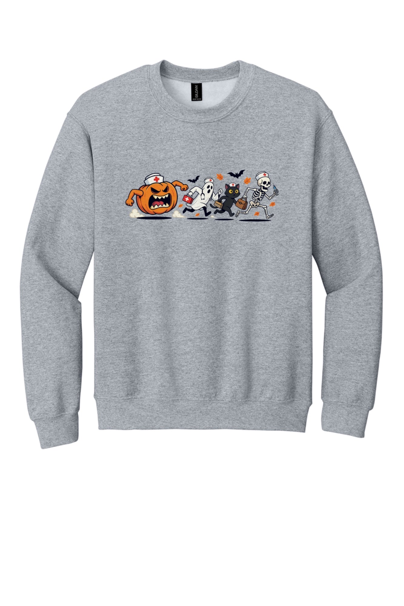 Halloween nurse sweatshirt with running pumpkin ghost skeleton and black cat cartoon print on crewneck in Sport Grey