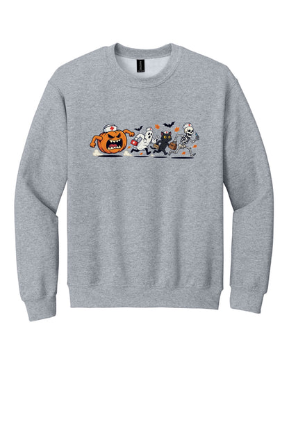 Halloween nurse sweatshirt with running pumpkin ghost skeleton and black cat cartoon print on crewneck in Sport Grey