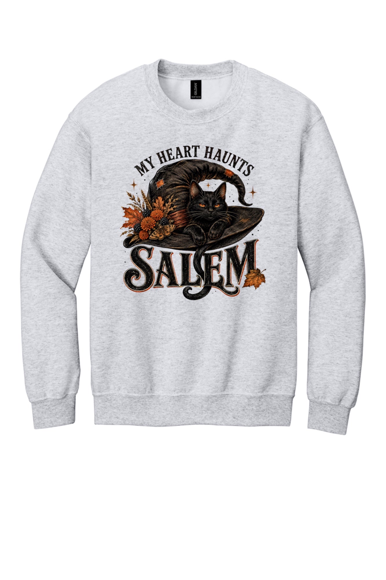 My Heart Haunts Salem black cat witch hat Halloween crewneck sweatshirt with autumn floral DTF print in Ash