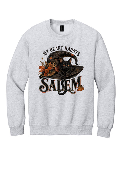 My Heart Haunts Salem black cat witch hat Halloween crewneck sweatshirt with autumn floral DTF print in Ash