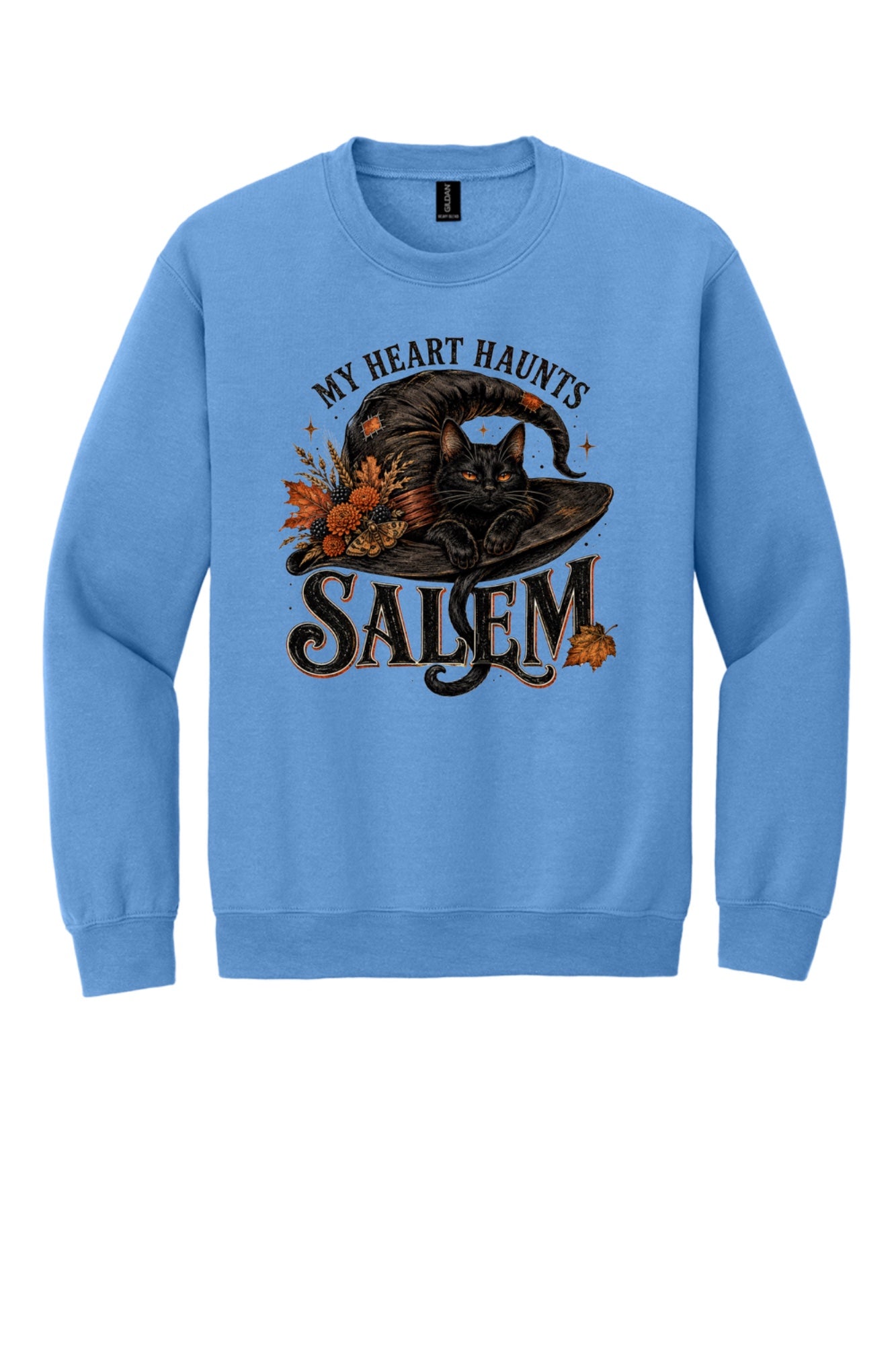 My Heart Haunts Salem black cat witch hat Halloween crewneck sweatshirt with autumn floral DTF print in Carolina Blue