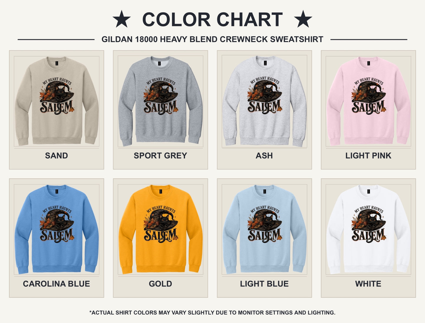 My Heart Haunts Salem black cat witch hat Halloween crewneck sweatshirt with autumn floral DTF print - available shirt colors chart