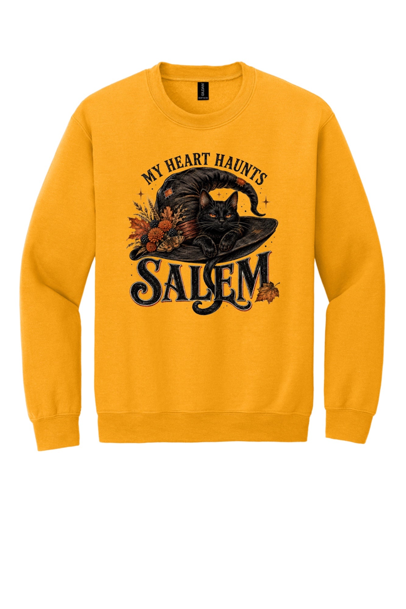 My Heart Haunts Salem black cat witch hat Halloween crewneck sweatshirt with autumn floral DTF print in Gold