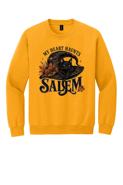 My Heart Haunts Salem black cat witch hat Halloween crewneck sweatshirt with autumn floral DTF print in Gold