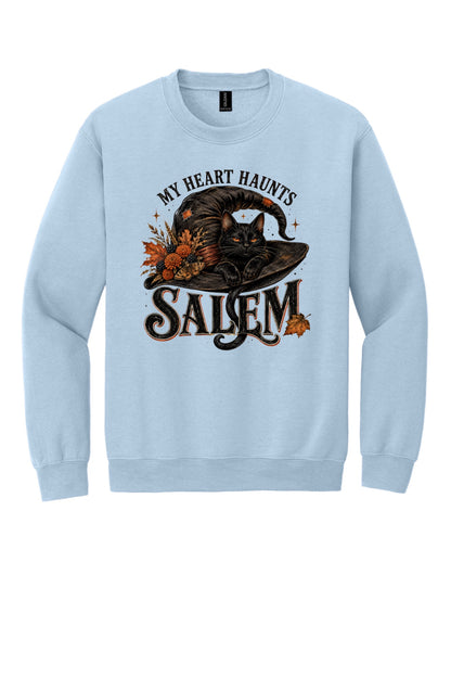My Heart Haunts Salem black cat witch hat Halloween crewneck sweatshirt with autumn floral DTF print in Light Blue