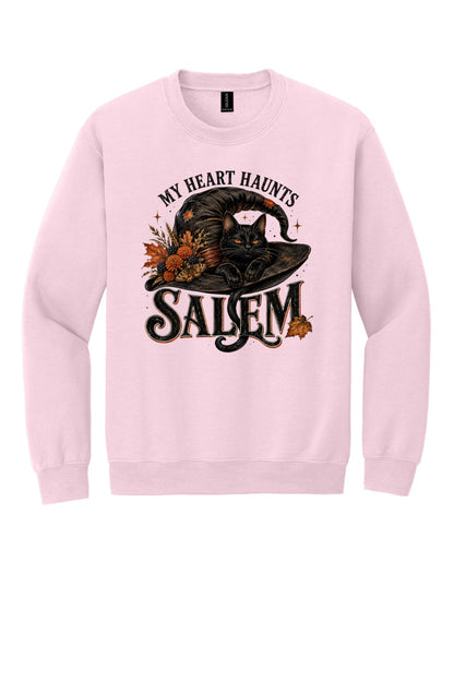My Heart Haunts Salem black cat witch hat Halloween crewneck sweatshirt with autumn floral DTF print in Light Pink