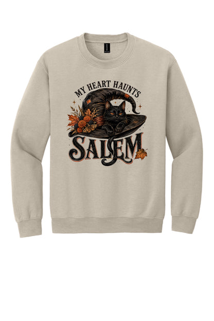 My Heart Haunts Salem black cat witch hat Halloween crewneck sweatshirt with autumn floral DTF print in Sand
