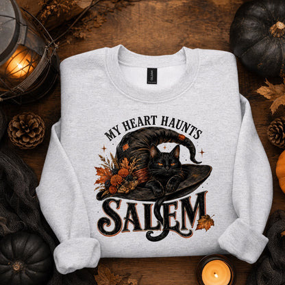 My Heart Haunts Salem black cat witch hat Halloween crewneck sweatshirt with autumn floral DTF print, styled flat lay, no model