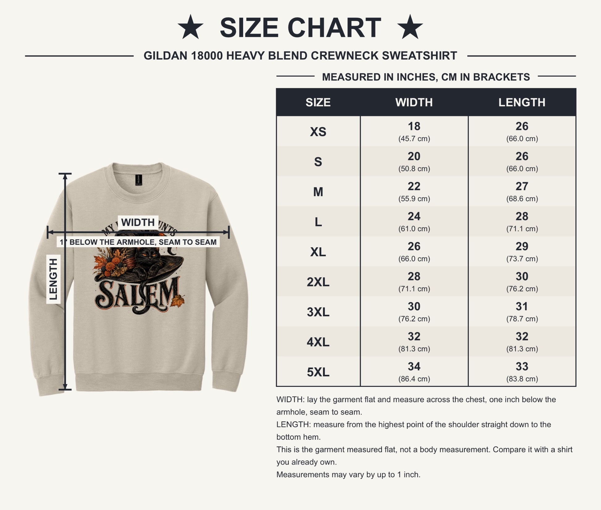 My Heart Haunts Salem black cat witch hat Halloween crewneck sweatshirt with autumn floral DTF print - size chart