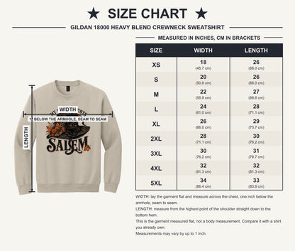 My Heart Haunts Salem black cat witch hat Halloween crewneck sweatshirt with autumn floral DTF print - size chart
