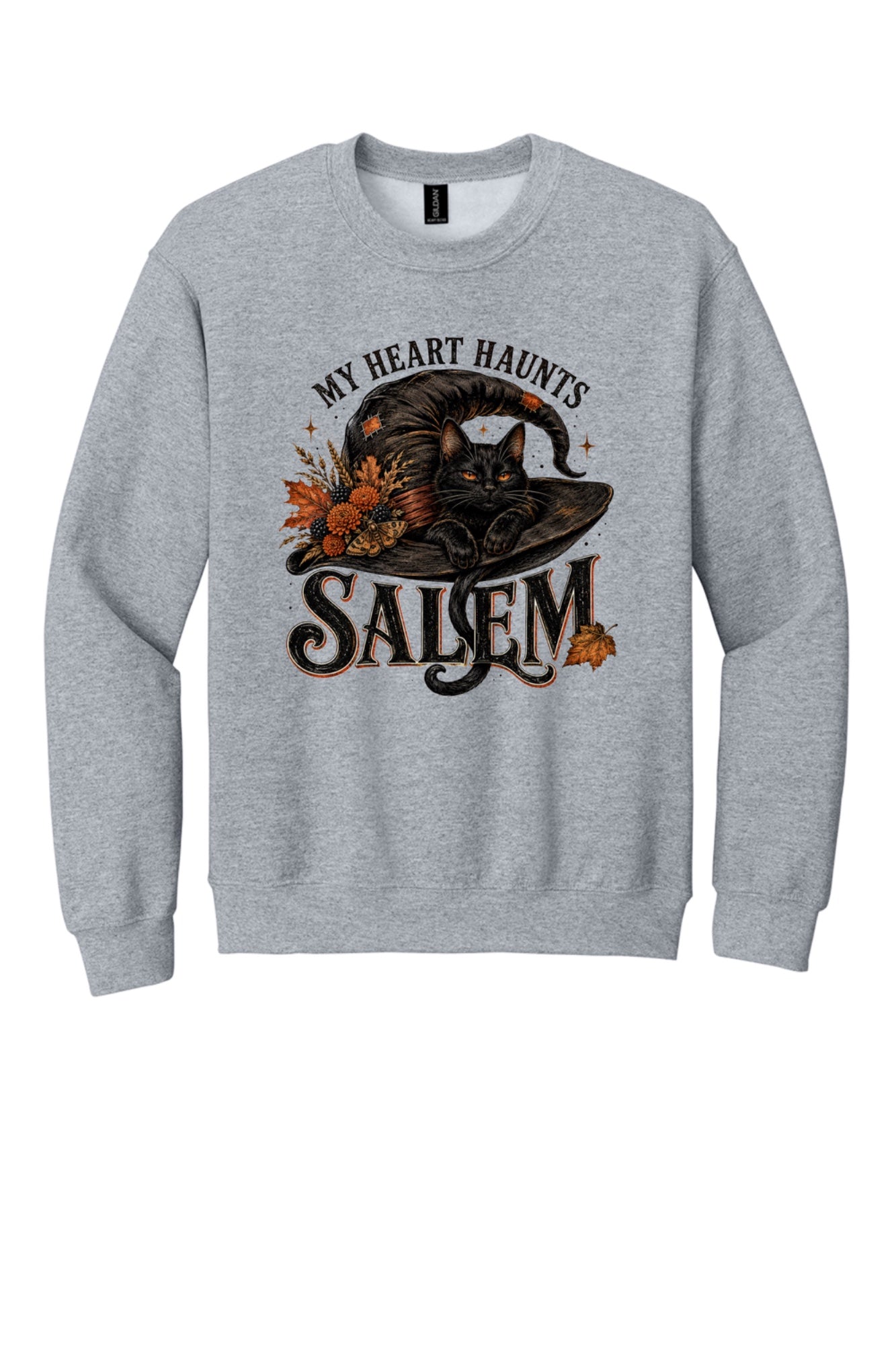 My Heart Haunts Salem black cat witch hat Halloween crewneck sweatshirt with autumn floral DTF print in Sport Grey