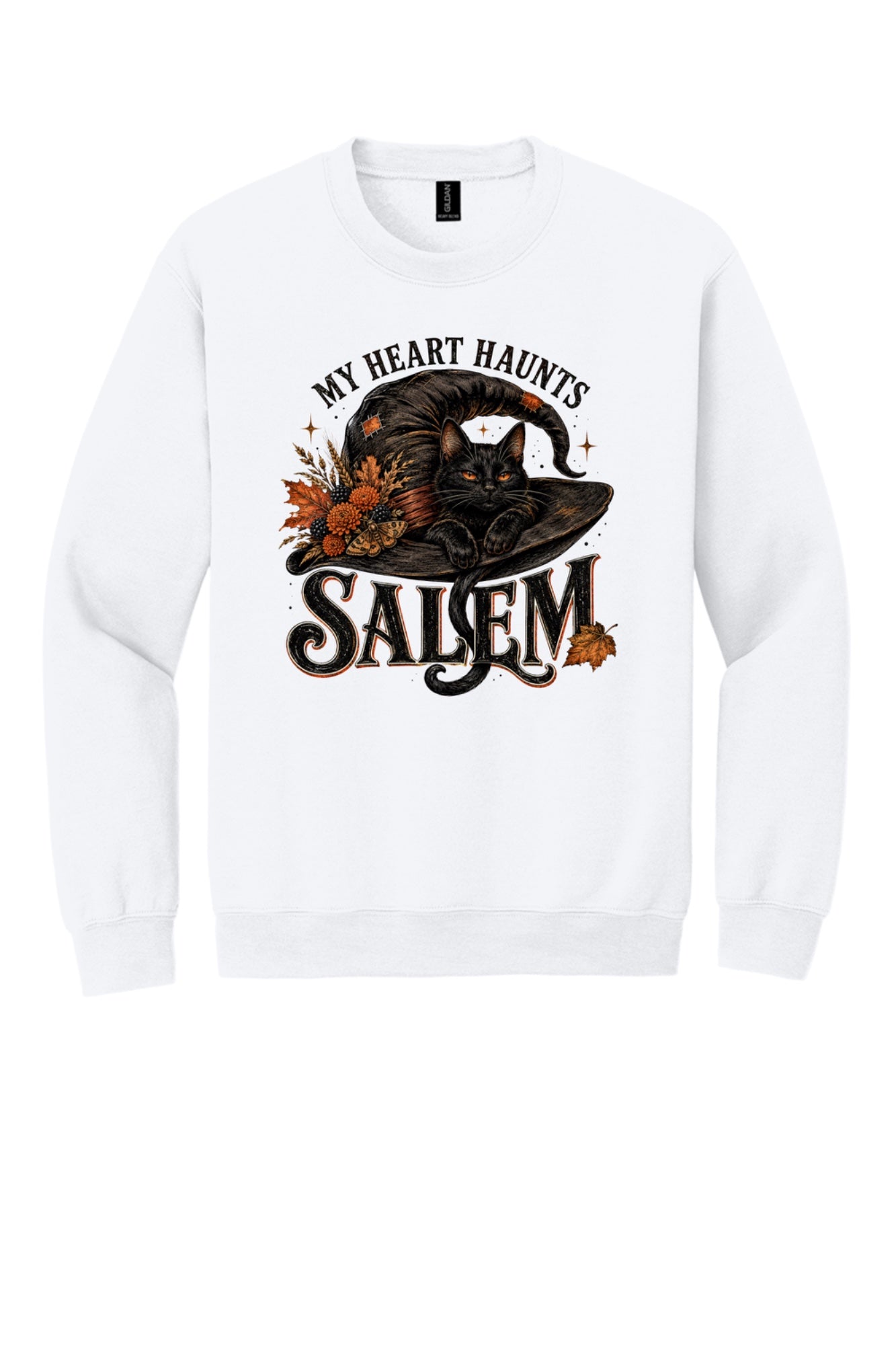 My Heart Haunts Salem black cat witch hat Halloween crewneck sweatshirt with autumn floral DTF print in White