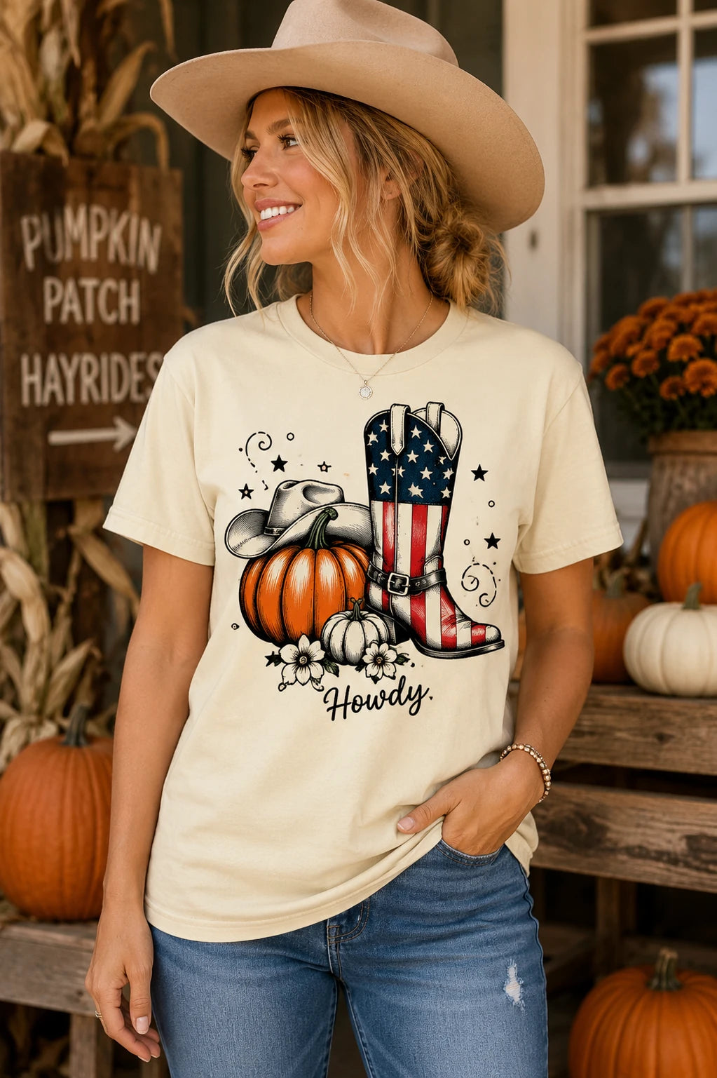 Howdy Patriotic Cowboy Boots & Pumpkin Halloween T-Shirt