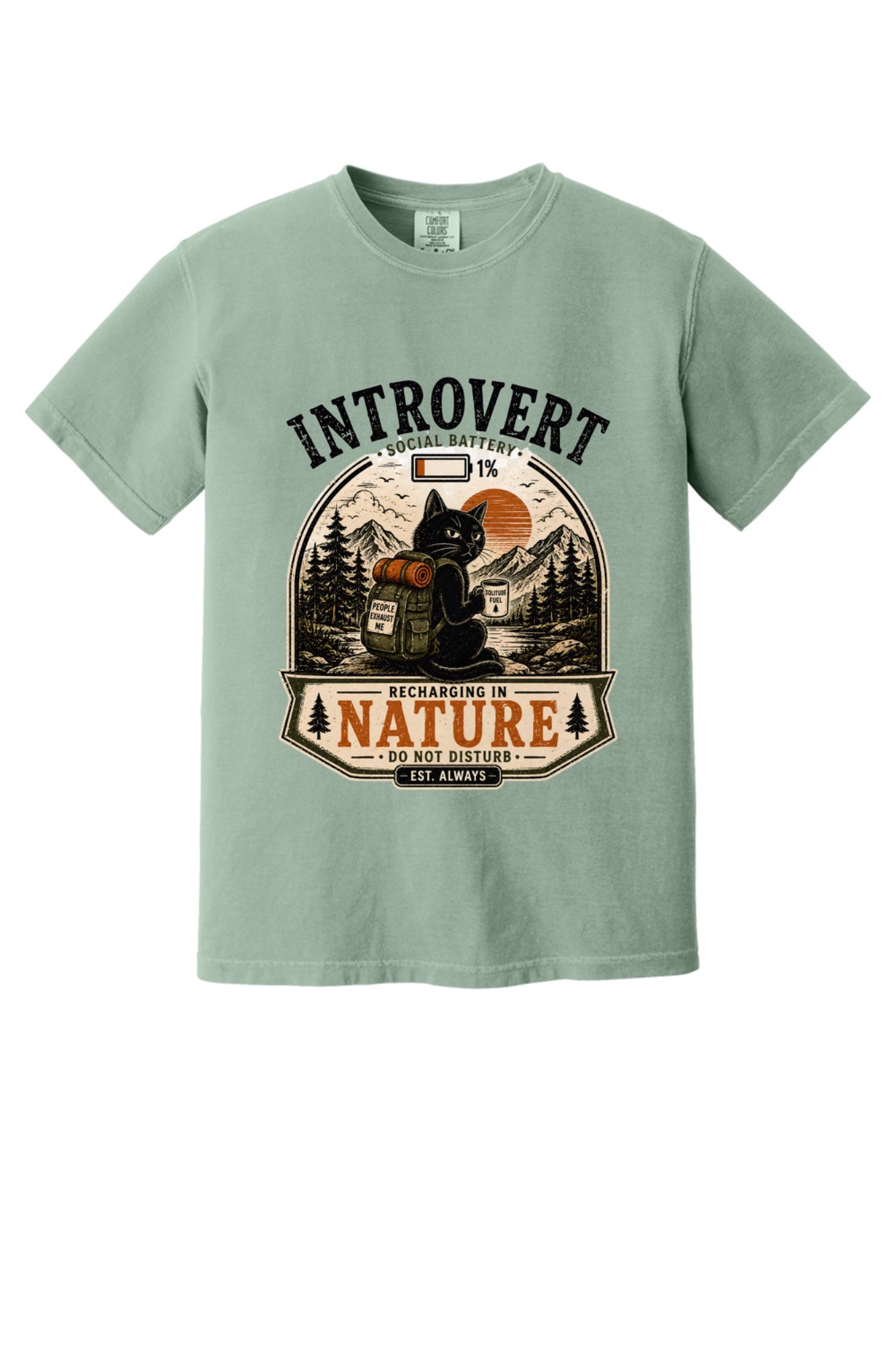 Introvert Social Battery 1% Recharging in Nature hiking cat humor tee on garment-dyed heavyweight cotton shirt in Bay